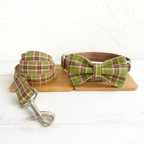 Green plaid dog collar with bow tie and leash on a wooden board