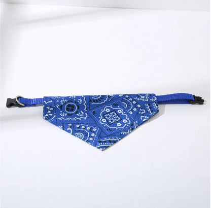 Blue bandana with white patterns on a white background