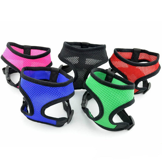 Five colorful pet harnesses in black mesh on a white background
