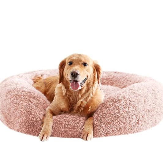 Dog lying on a pink donut-shaped pet bed against a white background