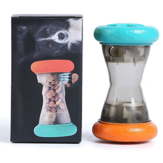 Pet toy with colorful base and transparent middle section next to its packaging.