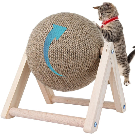 Spinning Cat Scratcher Toy Ball, Natural Sisal and Solid Wood for Cats & Kittens