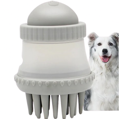 Gray pet grooming tool with a dog in the background