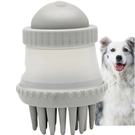 Gray pet grooming tool with a dog in the background
