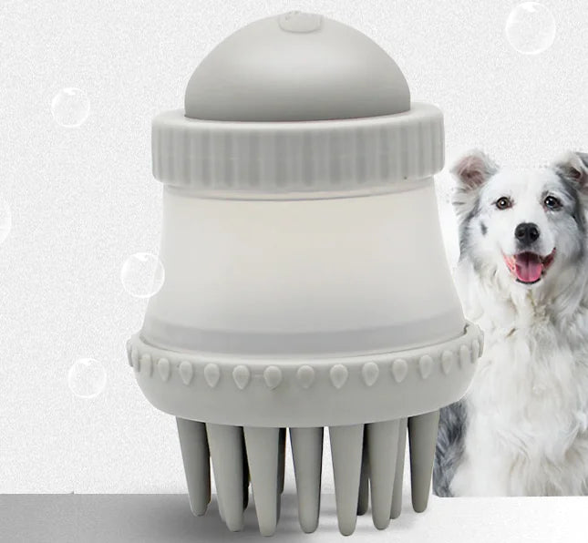 Gray pet grooming tool with a dog in the background