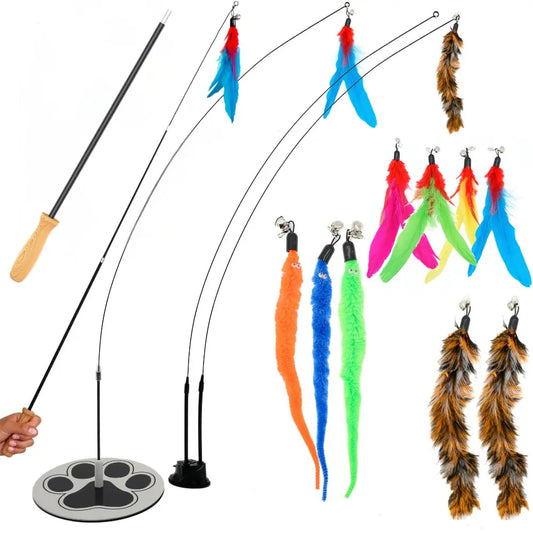 Cat Fishing Pole Wand Feather, Toy Suction Cup Set