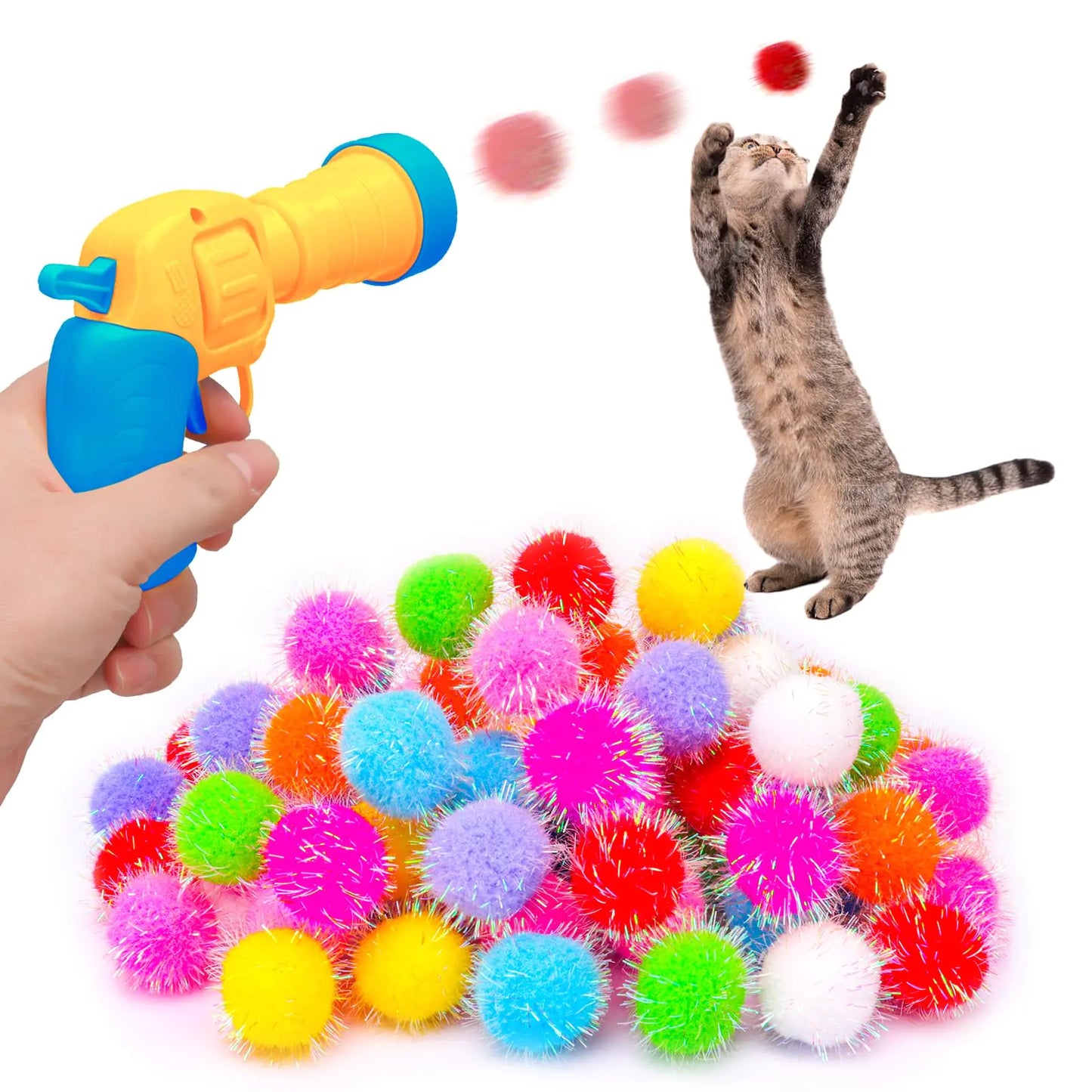 Brinquedo interativo para gatos, conjunto com 80 peças, pompons brilhantes com 1 lançador para treino de busca e brincadeira