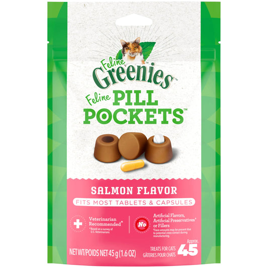 FELINE GREENIES PILL POCKETS Natural Soft Cat Treats Salmon Flavour 1.6 oz. Pack (45 Treats)