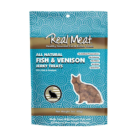Package of Real Meat cat treats with fish and venison flavor on a blue background