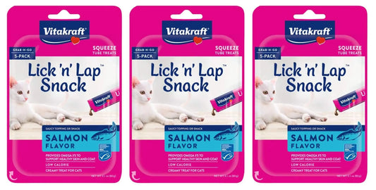 Vitakraft 3 Pack of Salmon Lick n Lap Snack 5 Tubes Each Interactive Wet Cat Treat
