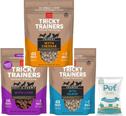(3 Pack) Cloud Star Tricky Trainers Crunchy Low Calorie Training Dog Treat 14 oz (Cheddar, Liver and Salmon)