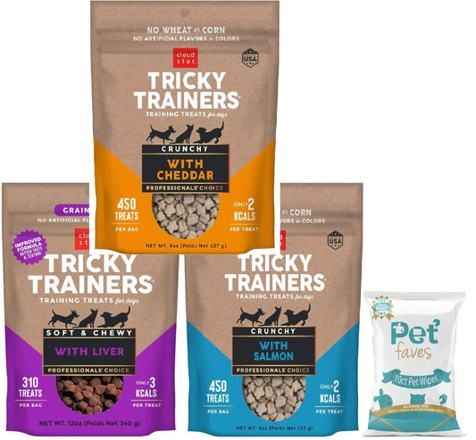 (3 Pack) Cloud Star Tricky Trainers Crunchy Low Calorie Training Dog Treat 14 oz (Cheddar, Liver and Salmon)