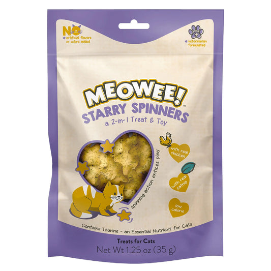 MEOWEE! Starry Spinners Cat Treat 1.25 Ounce Bag 2-in-1 Treat & Toy Made with Real Chicken Chicken Liver & Catnip Encourages Playfulness & Low Calorie