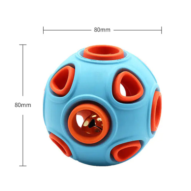 Blue and orange puzzle ball with measurements on a white background