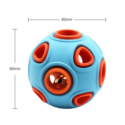 Blue and orange puzzle ball with measurements on a white background