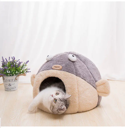 Warm Velvet Cat House Pufferfish Nest Pad for All Seasons (S, M & L)