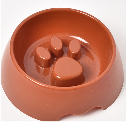 Brown dog bowl with a paw design on a white background