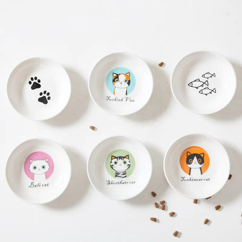 Set of small white plates with cat illustrations and text on a white background