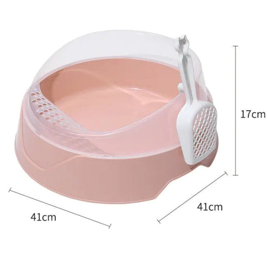 Pink pet litter box with white lid and scoop, showing dimensions on a white background