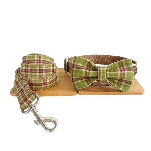 Green Plaid Bow Tie Collar and Leash Set (XS to XL)