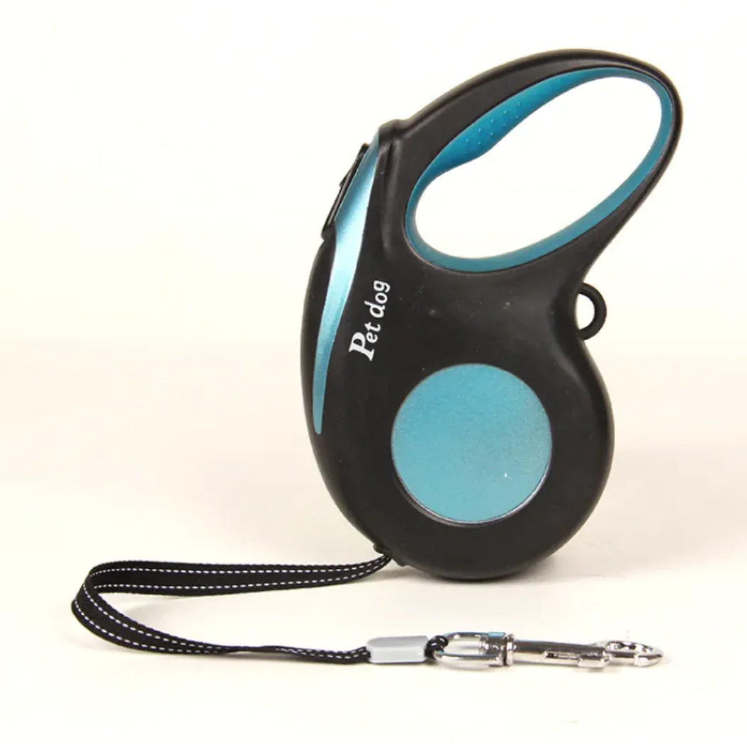 Black and blue retractable dog leash on a white background