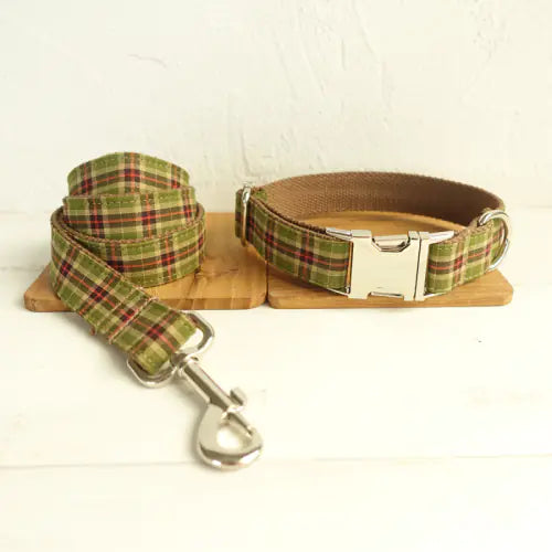 Green Plaid Bow Tie Collar and Leash Set (XS to XL)