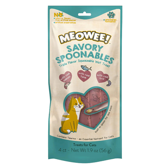 MEOWEE! Savory Spoonables with Real Salmon Tuna and Krill for Cats 4 Count Treat Your Cat to Triple Flavor Squeezable Lickable Wet Treats with Built-in Spoon for Less Mess